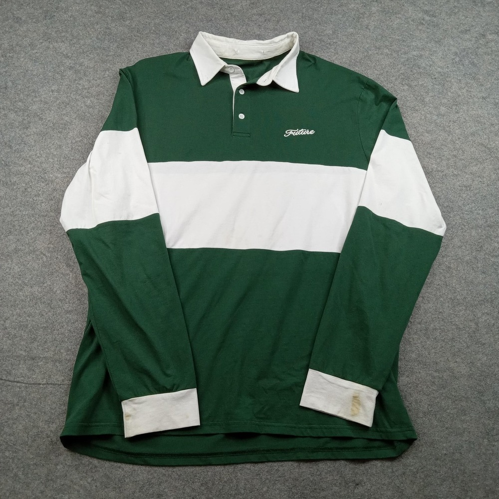 Future Polo‎ Shirt Mens 56 Green White Long Sleeve Colorblock Rugby Stretch